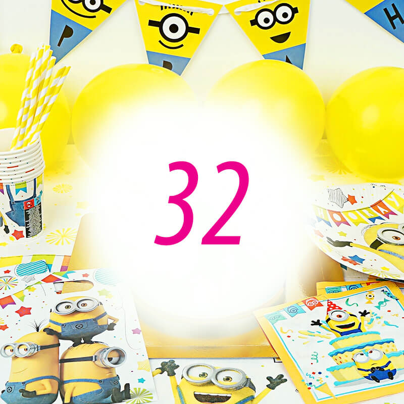 Partyset Minions® för 32 barn - Dekorationset exkl. tårta