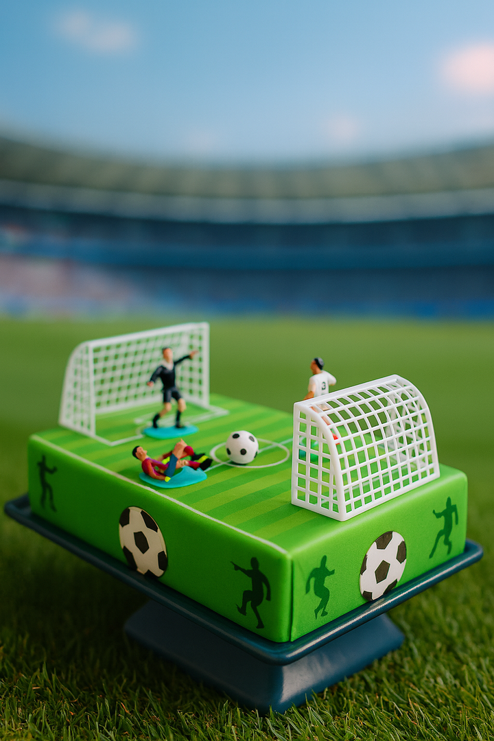 Fotbollsplanstårta med fotbollsspelare