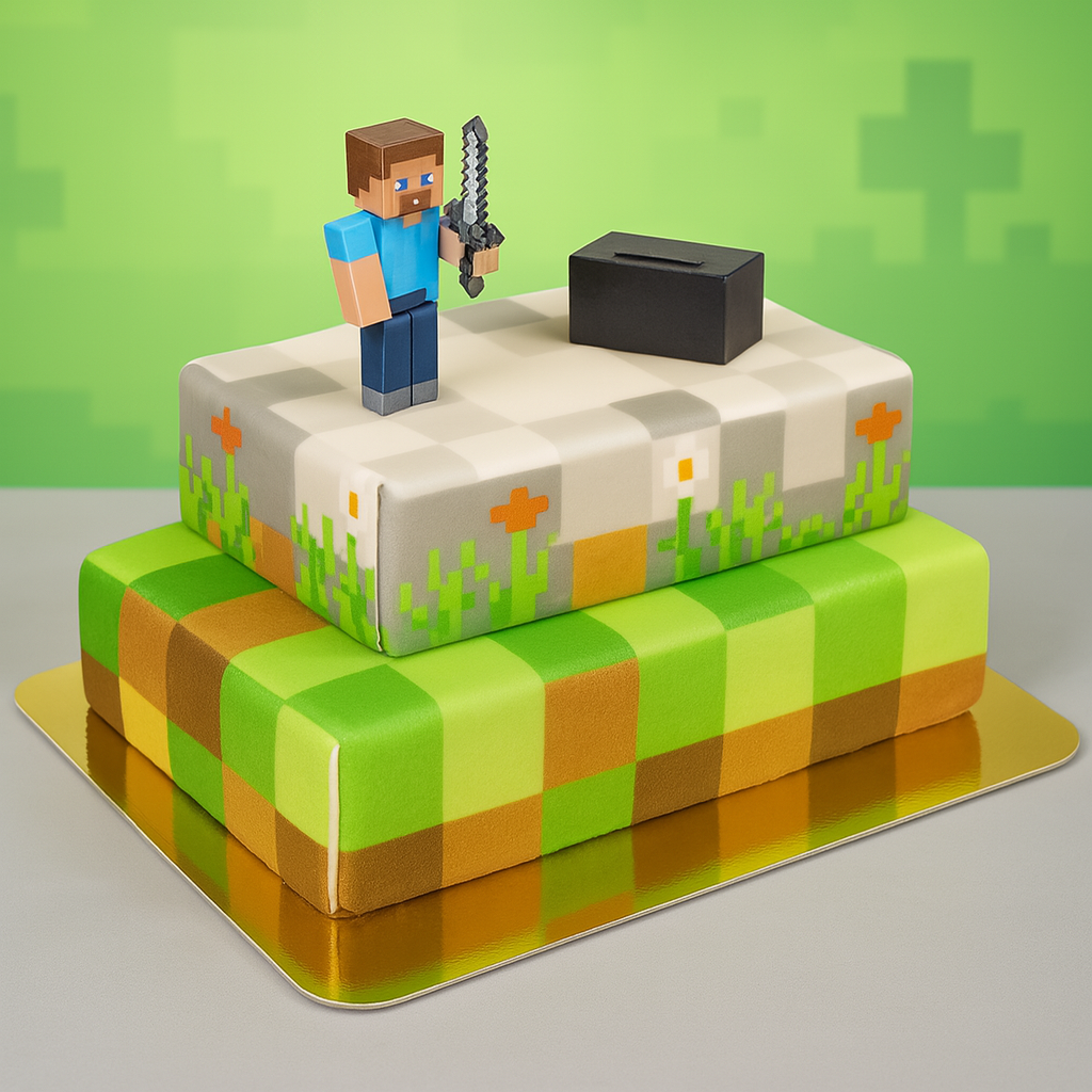 Minecraft® figurer på spelvärldstårta i två våningar